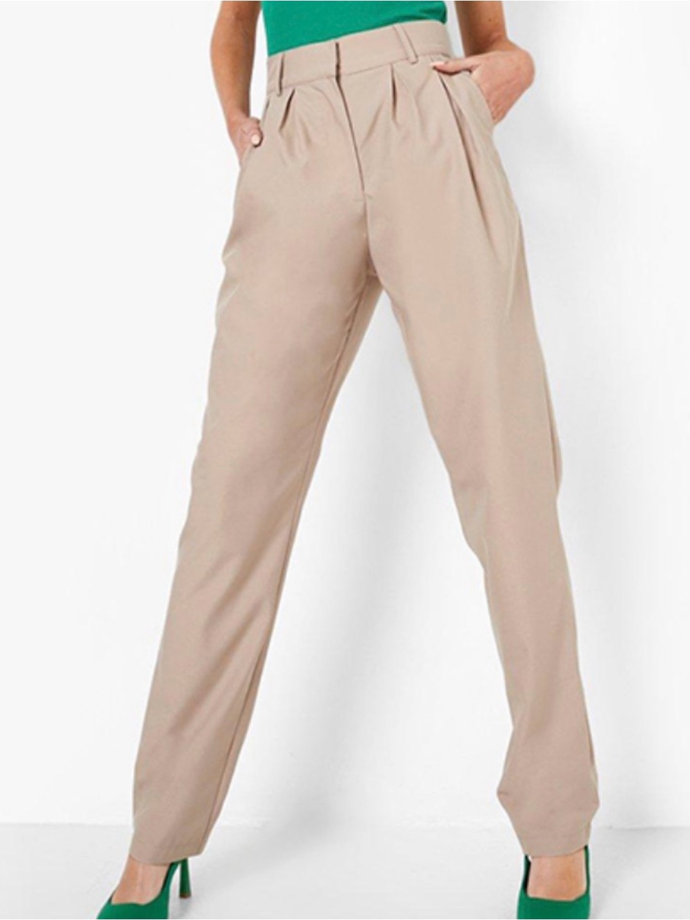 Boohoo Tan Khaki High Waisted Pleat Tailored Trousers Size 8 Fits 6